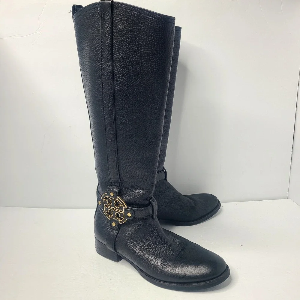 Tory Burch Amanda Medallion Riding Equestrian Tall Leather‎ Boots 8.5 M Black